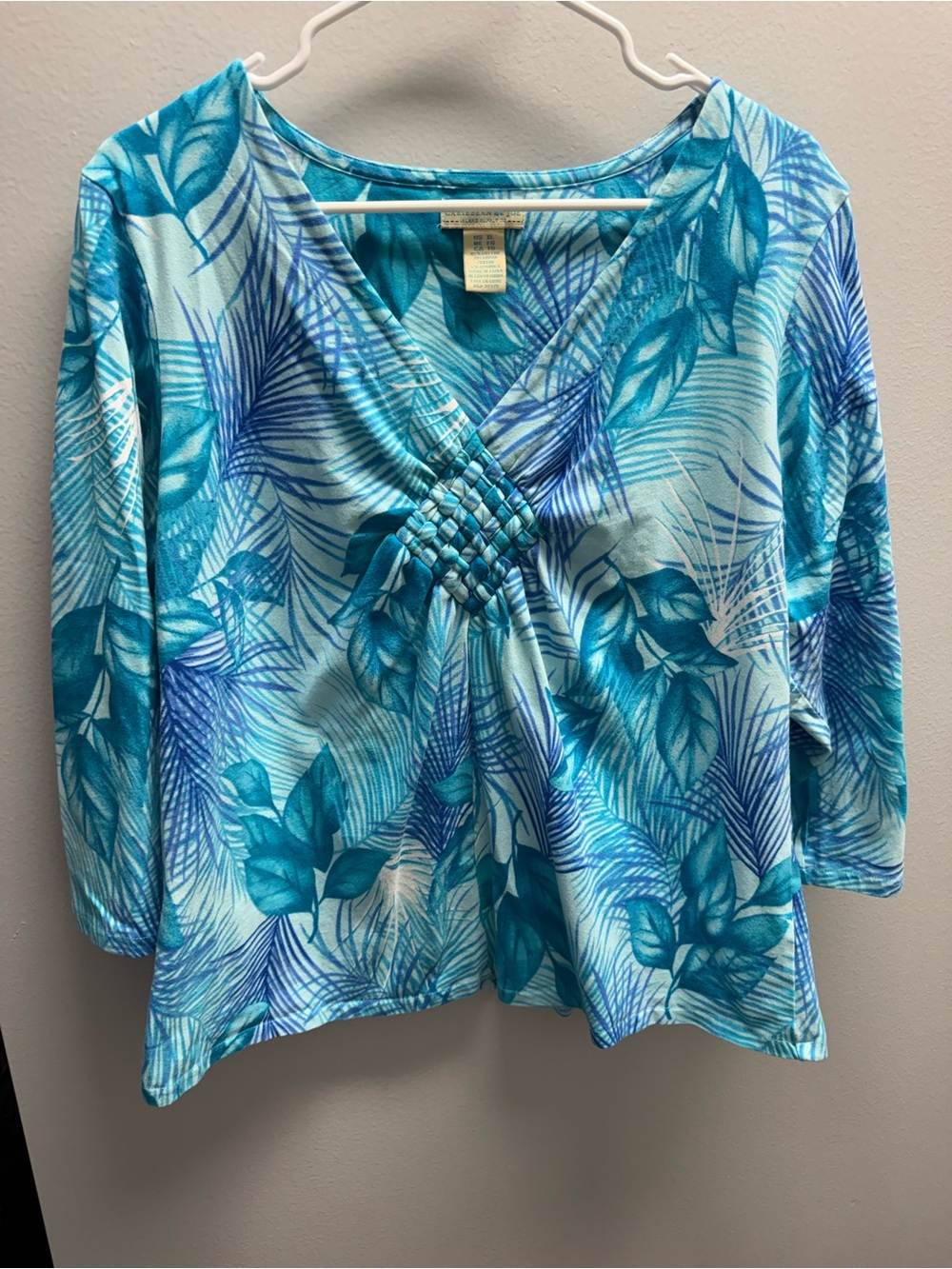 Caribbean Joe Teal and Aqua Tropical V-Neck Pullover